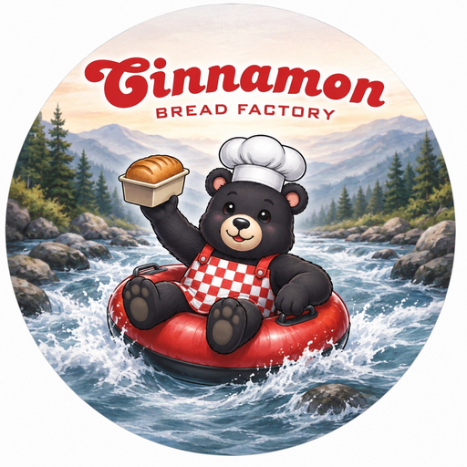 The Cinnamon Bread Factory logo — a chef-bear river-tubing with a cinnamon loaf